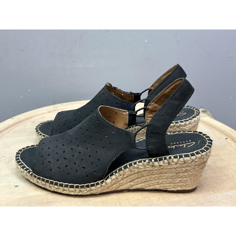 Clarks Artisan Wedge Shoes Womens Size 10 Black Espadrille Slingback Sandals - Picture 8 of 11